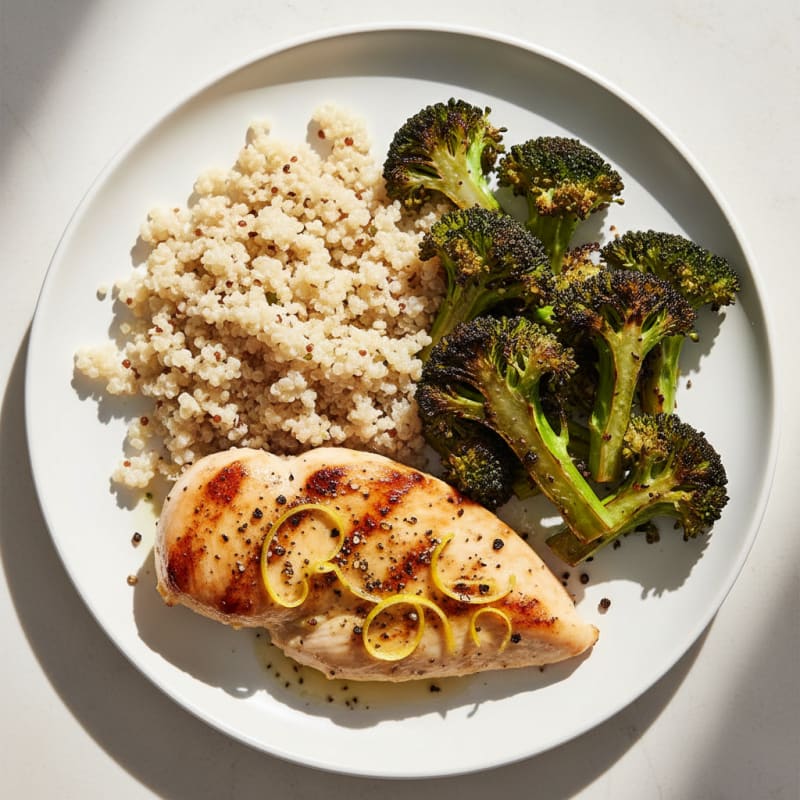 Grilled Lemon Pepper Chicken Breast with Quinoa and Roasted Broccoli