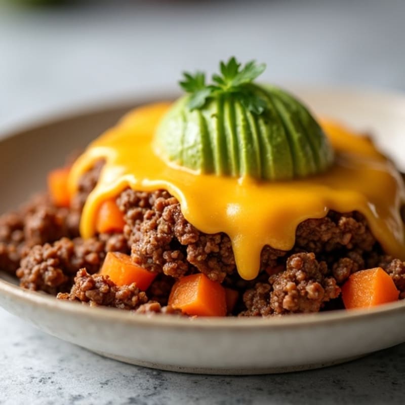 Cheesy Ground Beef and Sweet Potato Hash with Creamy Avocado