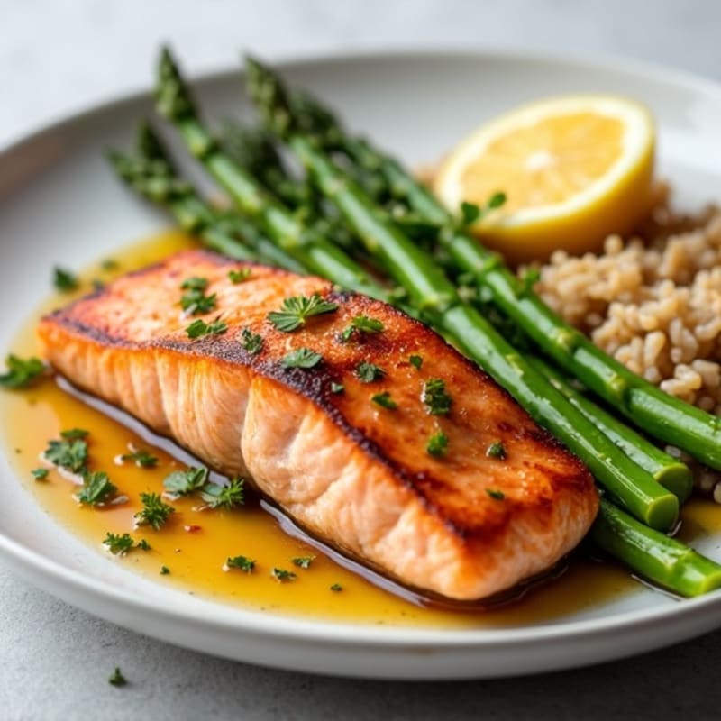 Seared Salmon with Steamed Asparagus and Brown Rice