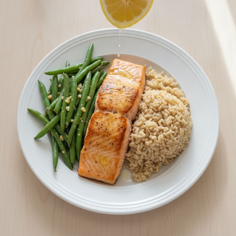 Seared Salmon with Garlic Green Beans and Brown Rice