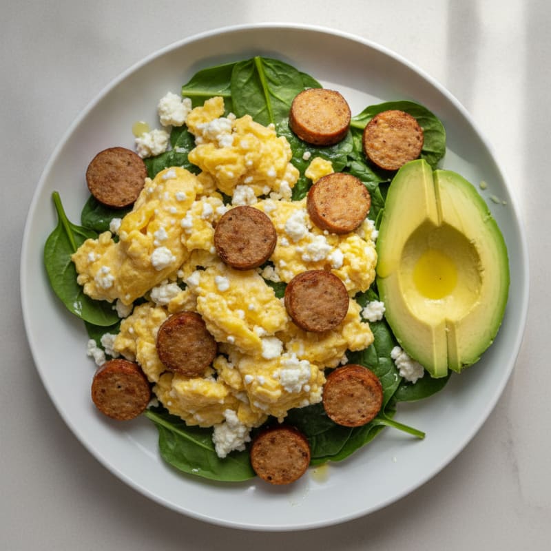 Cottage Cheese Scramble with Chicken Sausage and Spinach