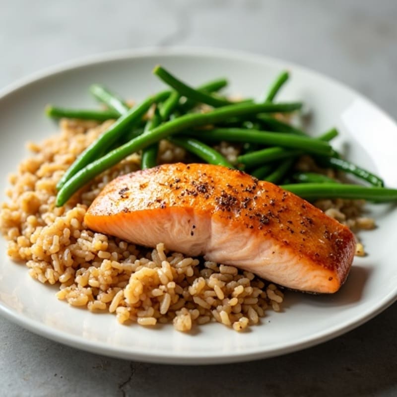 Seared Salmon with Garlic Green Beans and Brown Rice