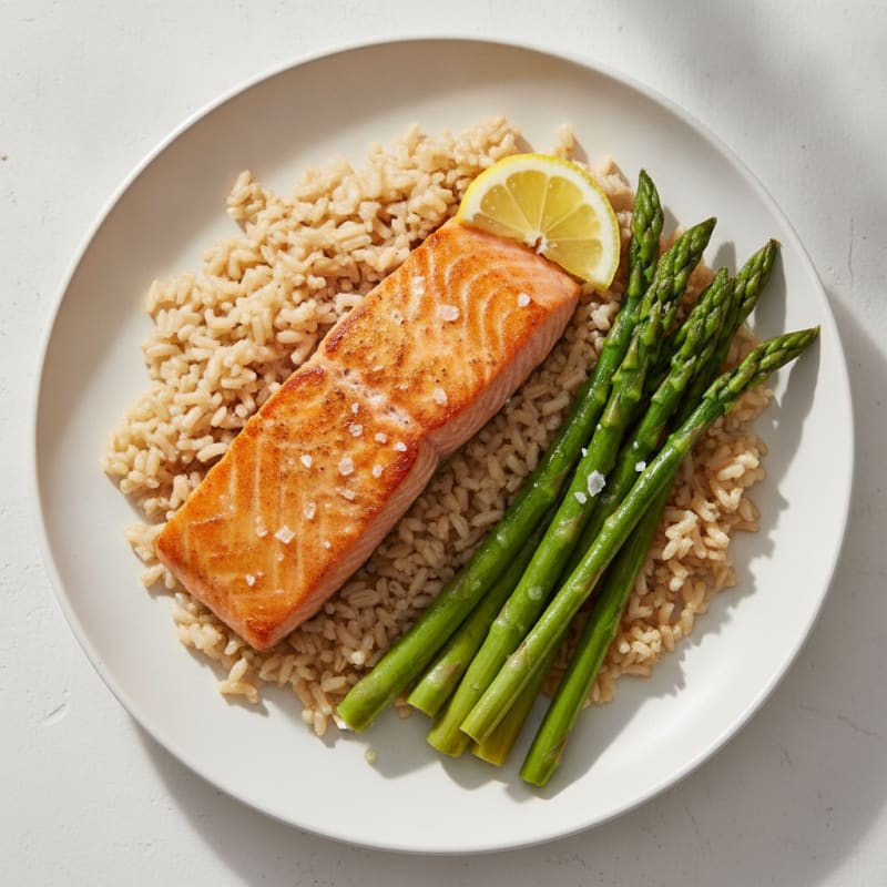 Seared Salmon Fillet with Steamed Asparagus and Brown Rice