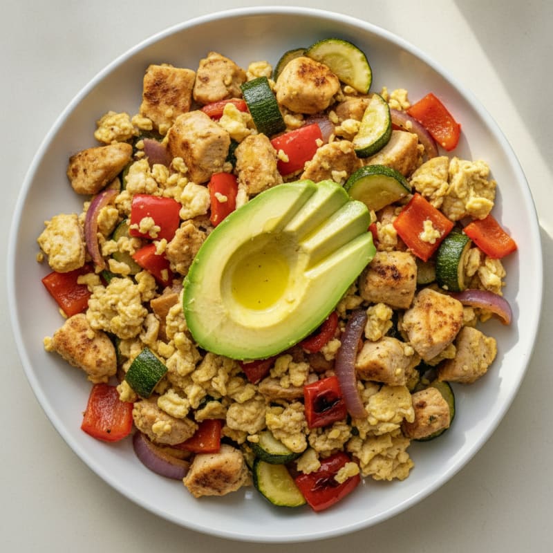 Egg and Chicken Scramble with Roasted Vegetables