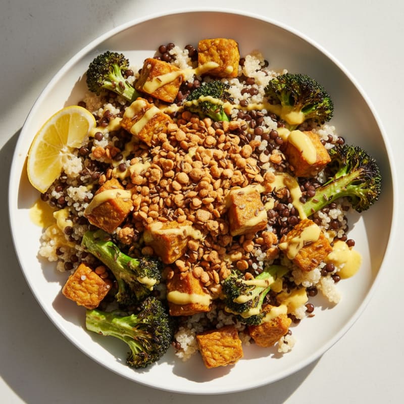 Crispy Lentil and Quinoa Power Bowl with Roasted Broccoli