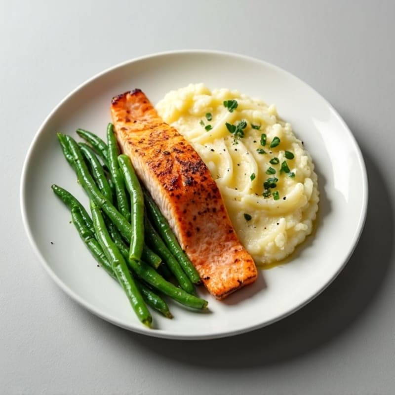 Seared Salmon Fillet with Garlic Green Beans and Cauliflower Mash