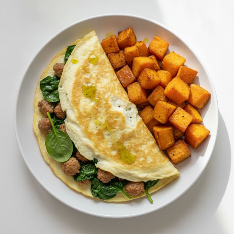 Egg White Omelet with Spinach, Turkey Sausage and Roasted Sweet Potatoes