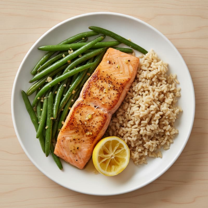 Seared Salmon with Garlic Green Beans and Brown Rice