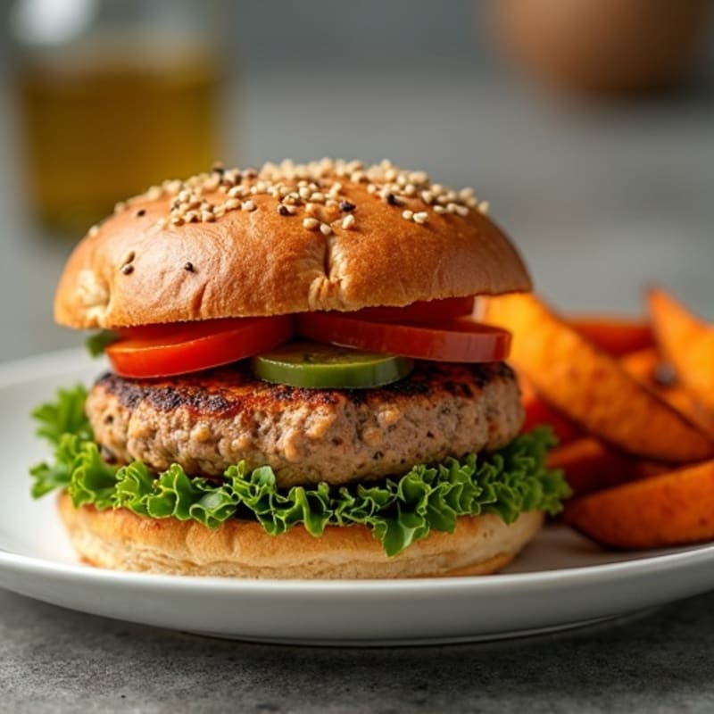 Juicy Grilled Turkey Burger with Crispy Sweet Potato Wedges