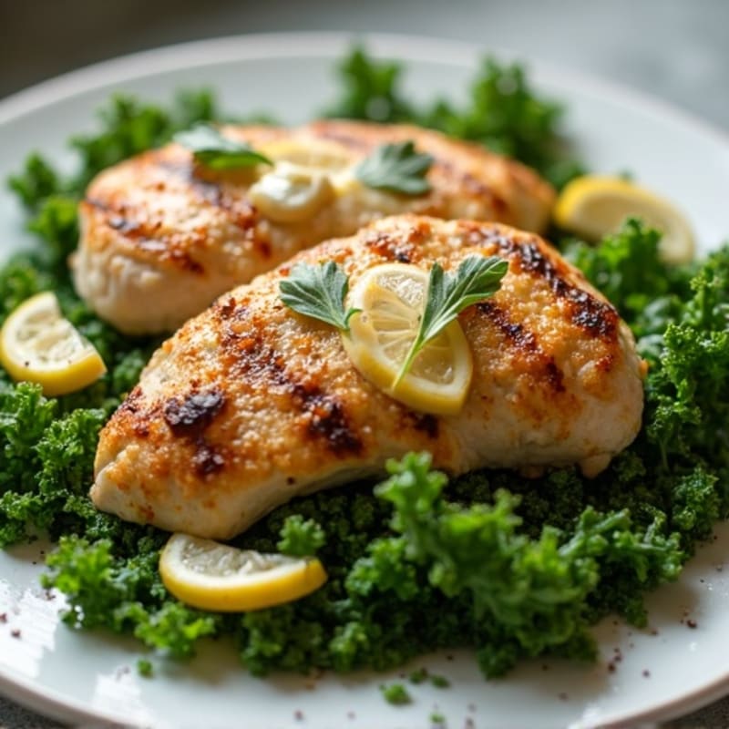 Grilled Chicken Breast over Crunchy Kale and Quinoa Salad with Lemon Vinaigrette