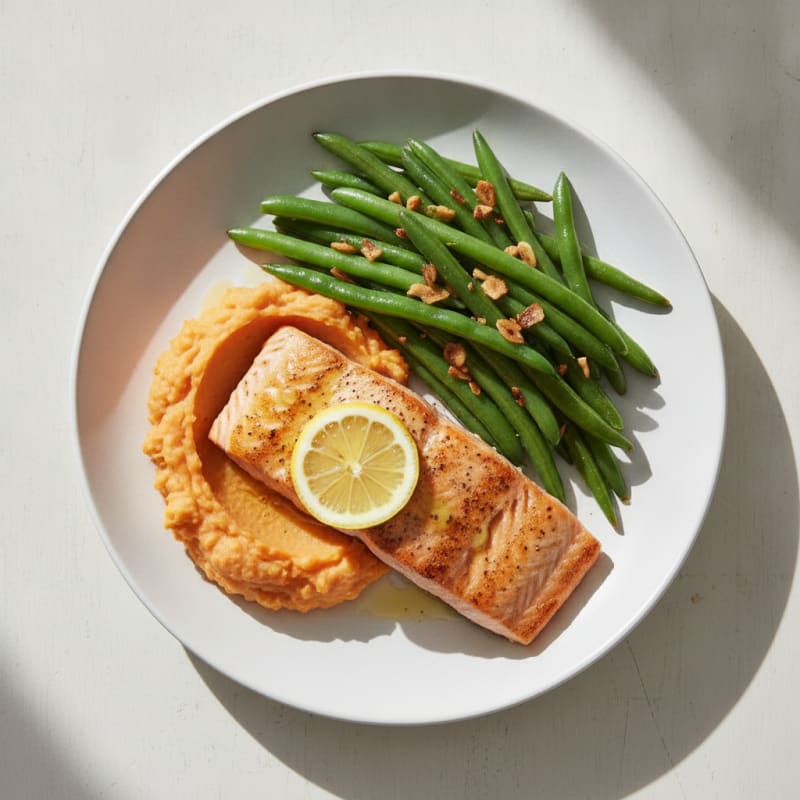 Pan-Seared Salmon with Garlic Green Beans and Sweet Potato Mash