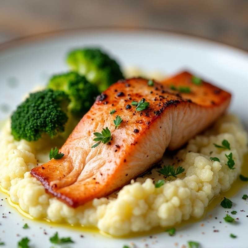 Seared Salmon with Roasted Broccoli and Garlic Cauliflower Mash