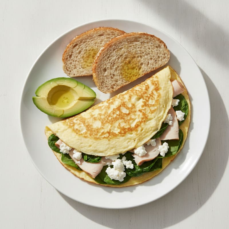 Egg White Spinach Omelette with Cottage Cheese and Sliced Turkey
