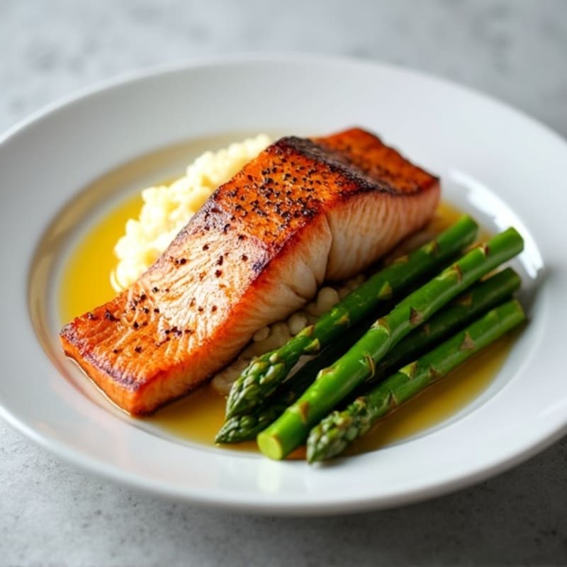 Seared Salmon with Steamed Asparagus and Cauliflower Mash