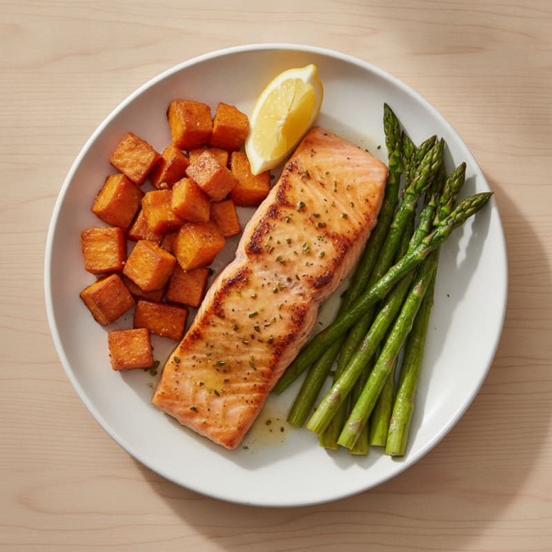 Seared Salmon with Roasted Sweet Potatoes and Asparagus