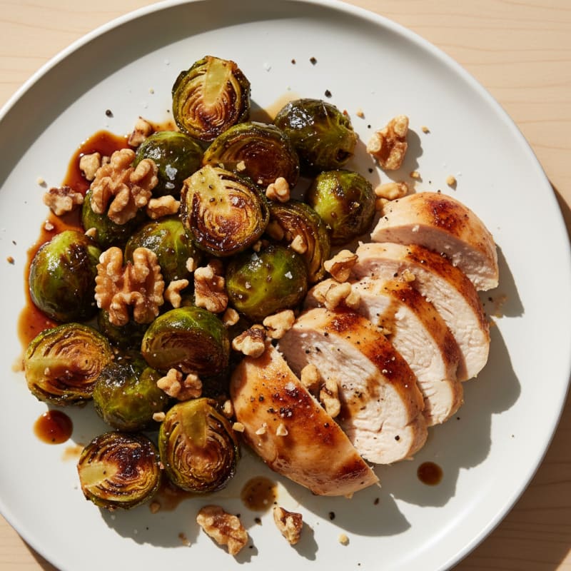 Balsamic-Glazed Brussels Sprouts with Toasted Walnuts and Chicken
