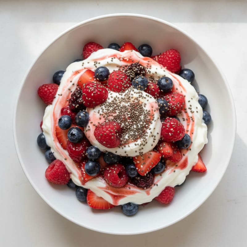 Greek Yogurt Protein Parfait with Mixed Berries and Chia Seeds