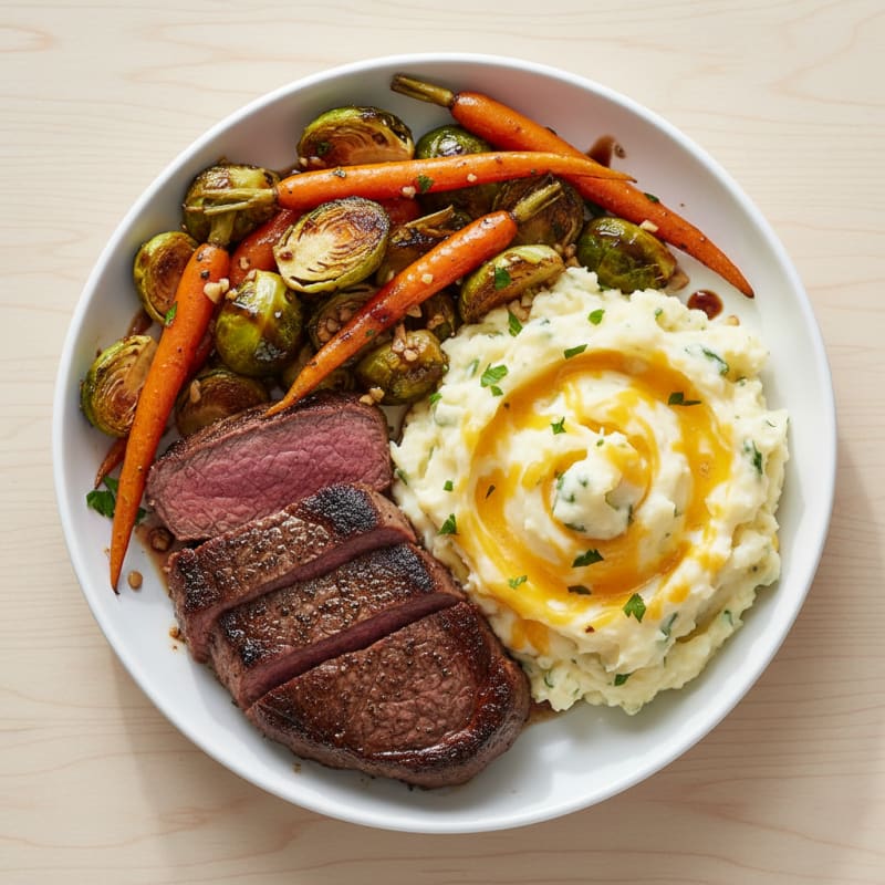 Seared Beef Steak with Roasted Vegetables and Cheesy Mashed Potatoes