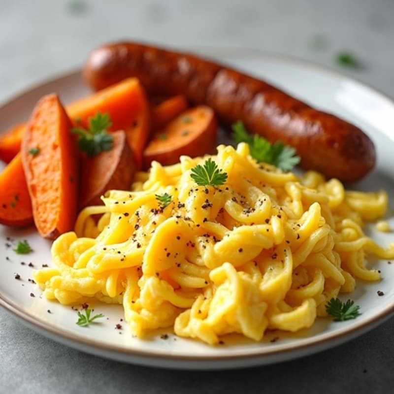 Fluffy Scrambled Eggs with Roasted Sweet Potatoes and Lean Turkey Sausage