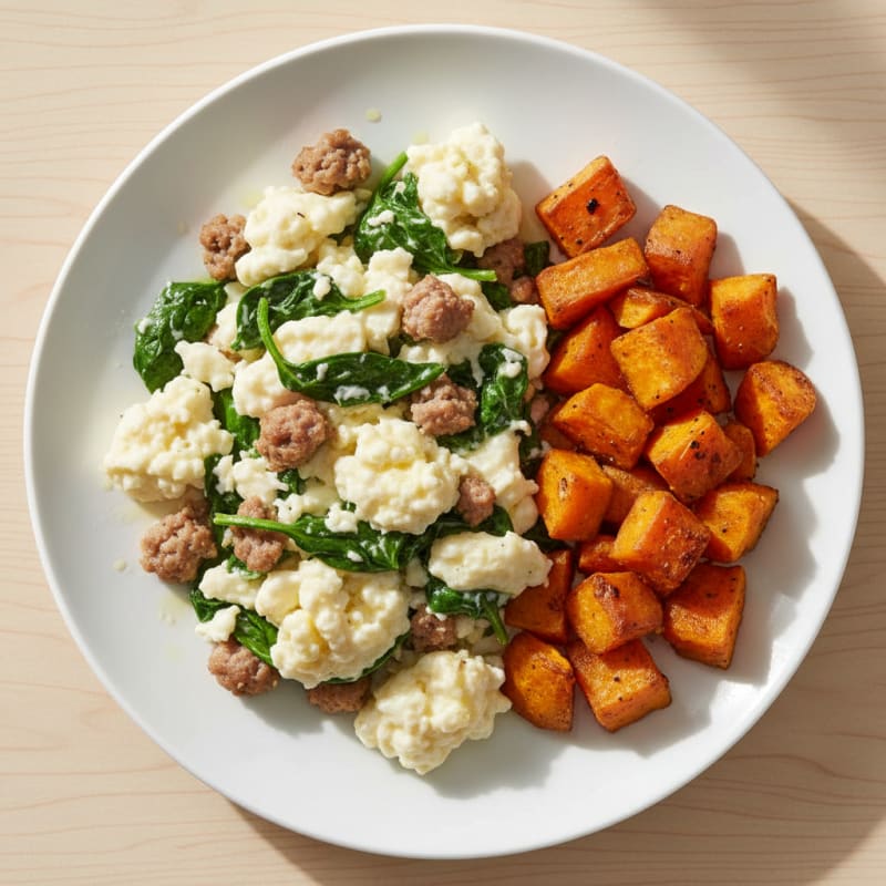Egg White and Turkey Sausage Scramble with Spinach and Roasted Sweet Potatoes