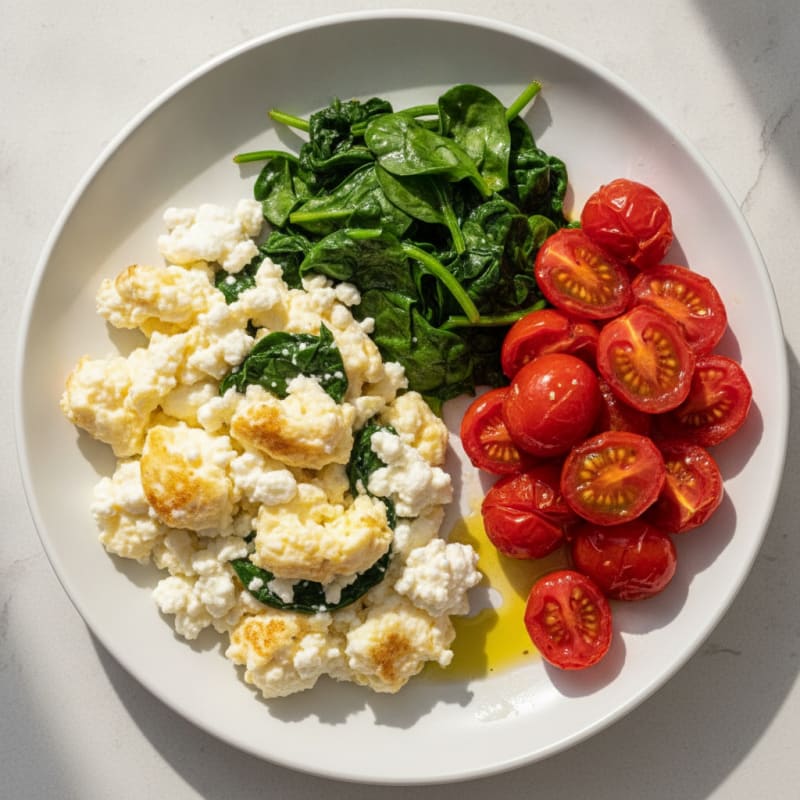 Cottage Cheese Egg Scramble with Sautéed Spinach and Cherry Tomatoes