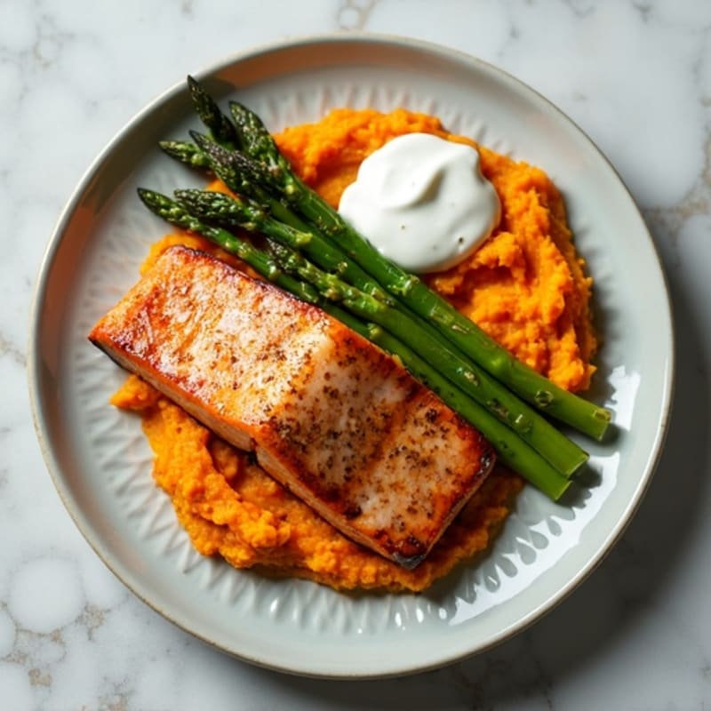 Seared Salmon Fillet with Roasted Asparagus and Sweet Potato Mash