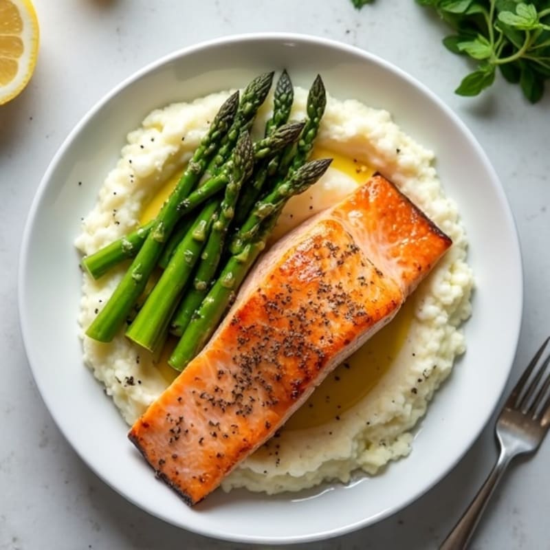 Seared Salmon with Steamed Asparagus and Cauliflower Mash