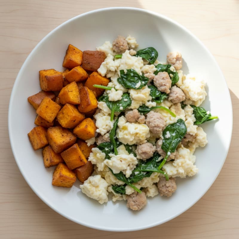 Egg White and Turkey Sausage Scramble with Spinach and Roasted Sweet Potatoes