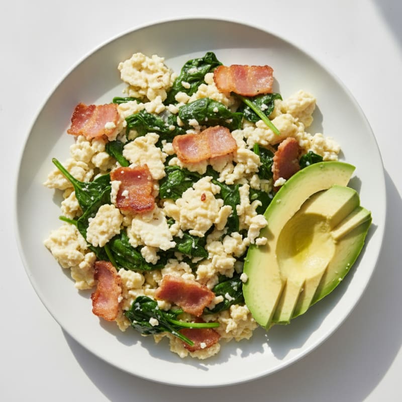 Crispy Turkey Bacon and Egg White Scramble with Sautéed Spinach