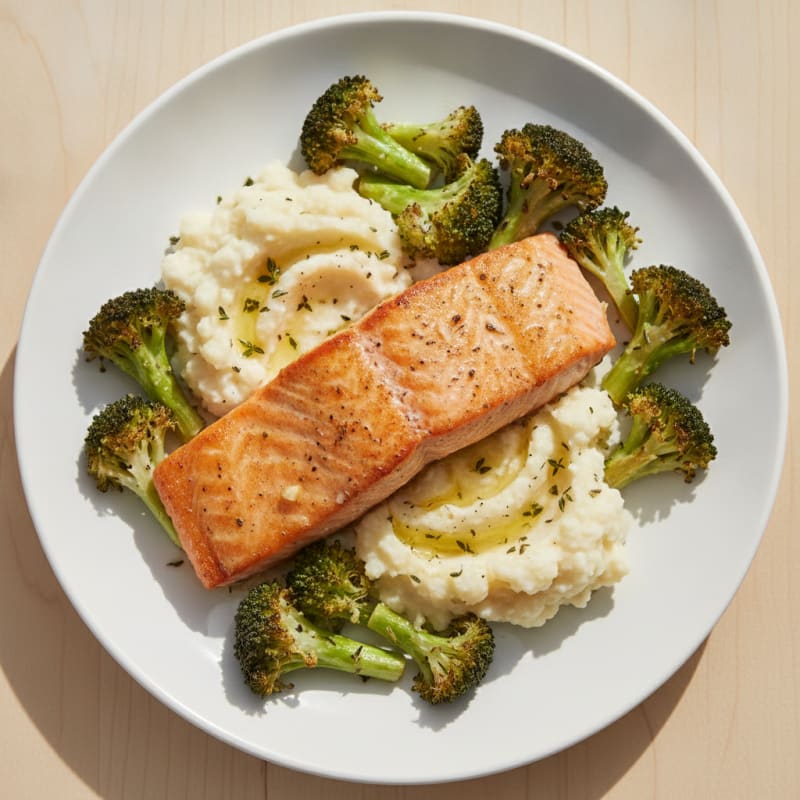 Seared Salmon with Herb-Roasted Broccoli and Garlic Mashed Cauliflower