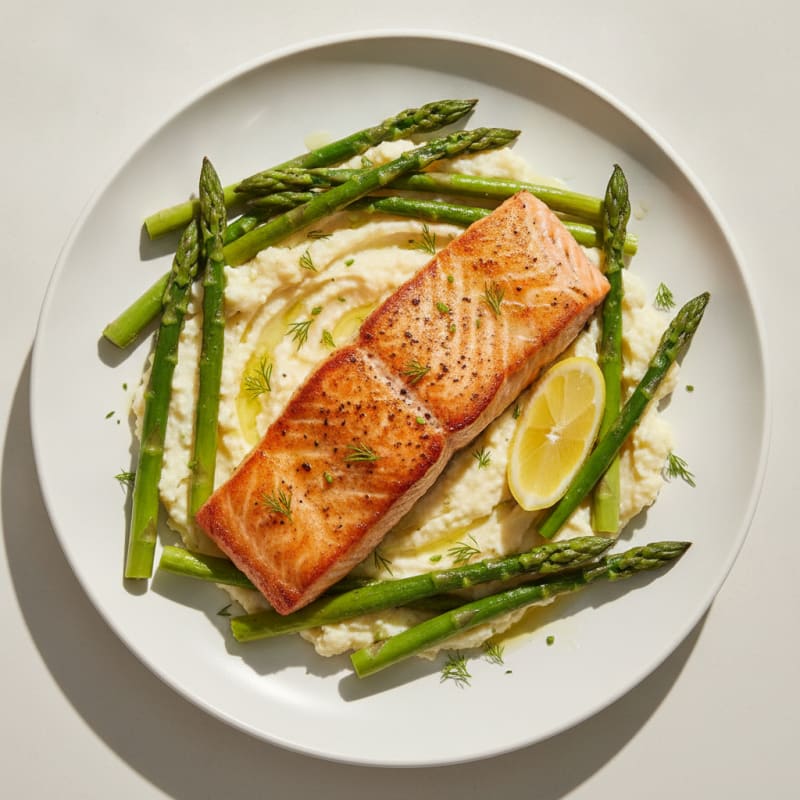 Seared Salmon Filet with Steamed Asparagus and Cauliflower Mash