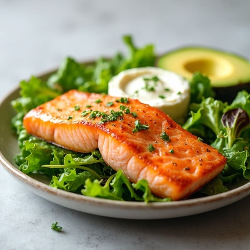 Fresh Salmon and Avocado Salad Plate with Creamy Cottage Cheese and Hummus