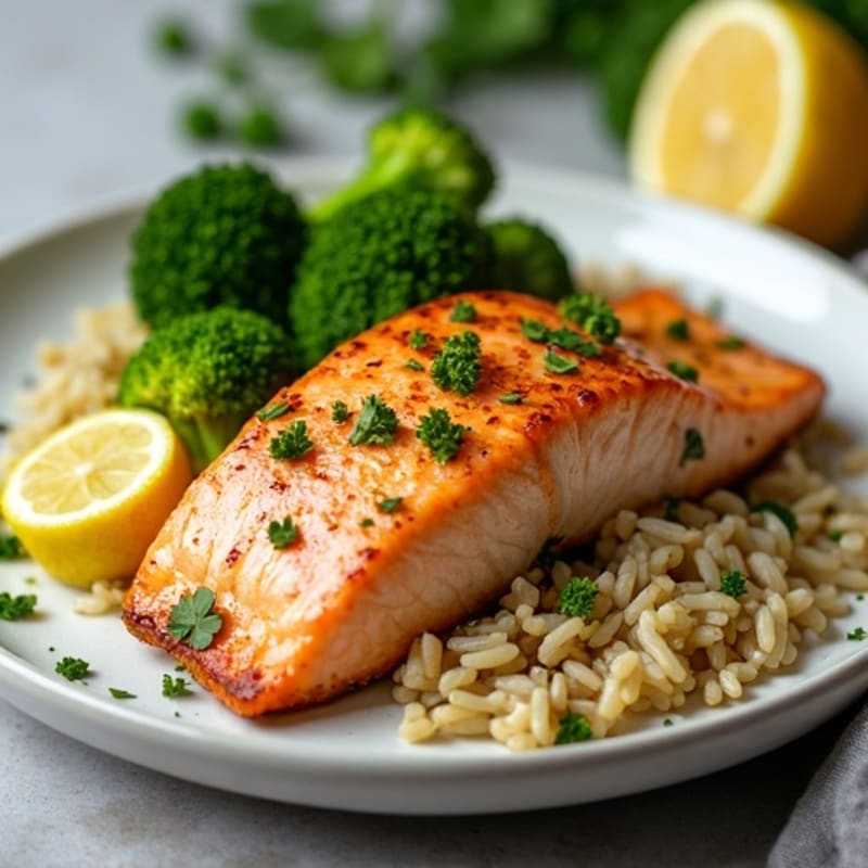 Seared Salmon with Steamed Broccoli and Lemon Herb Brown Rice