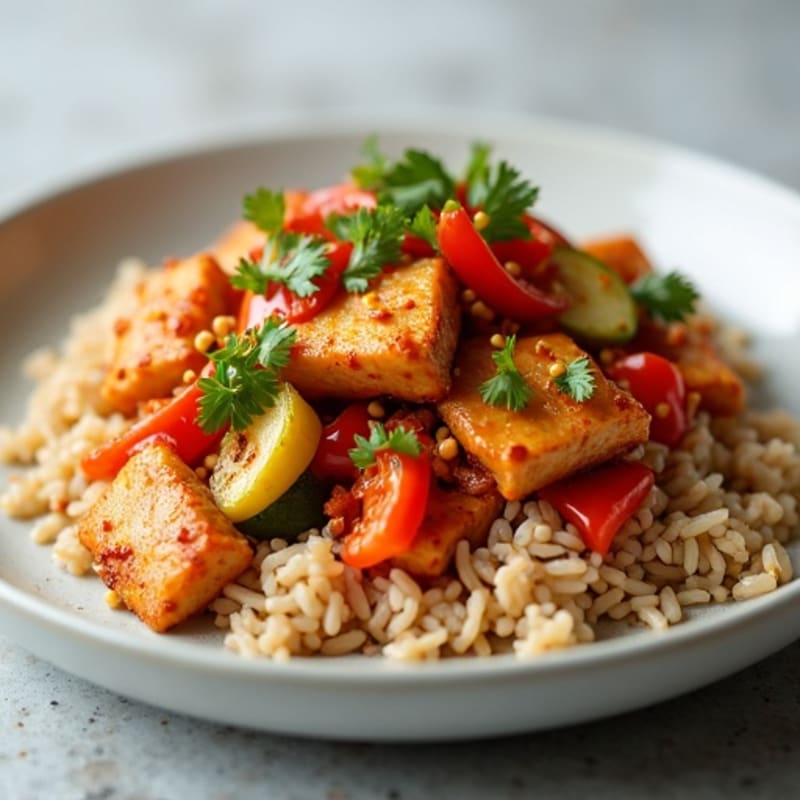 Spicy Kimchi Chicken and Vegetable Stir-Fry with Brown Rice