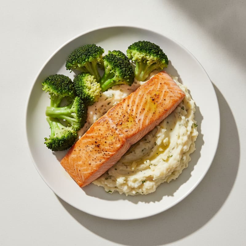 Seared Salmon with Steamed Broccoli and Garlic Mashed Potatoes