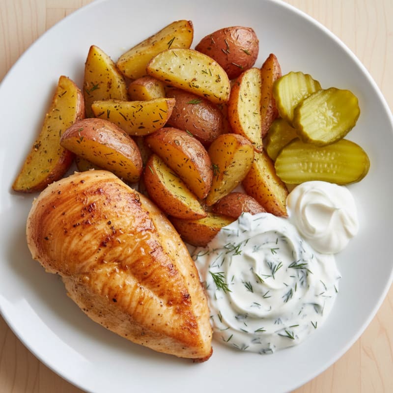 Roasted Chicken Breast with Herb Potatoes and Pickles