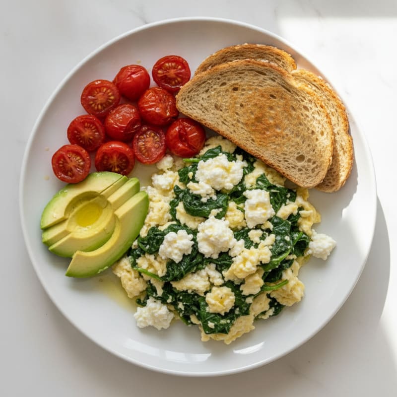 Egg White and Spinach Scramble with Cottage Cheese and Cherry Tomatoes