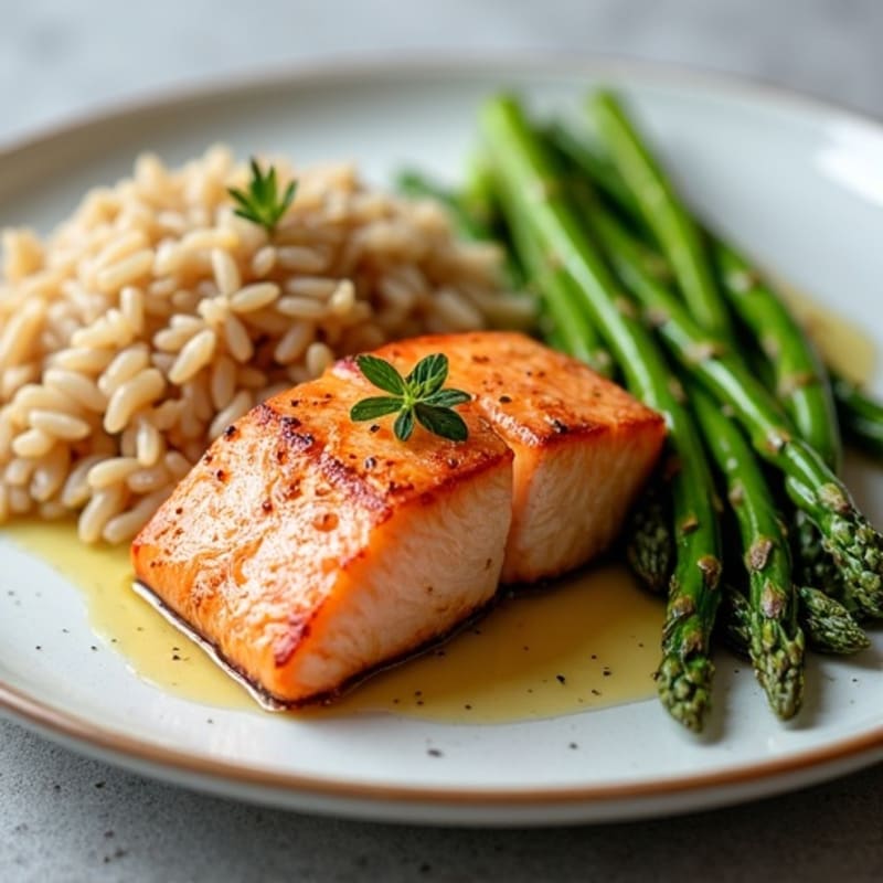 Seared Salmon Fillet with Steamed Asparagus and Brown Rice