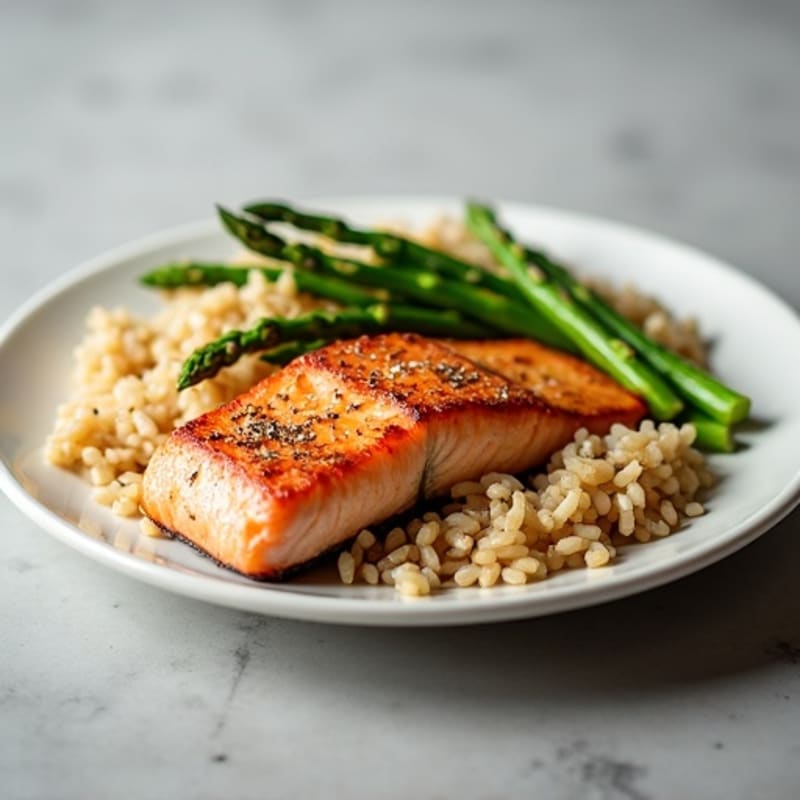 Seared Salmon Fillet with Steamed Asparagus and Brown Rice