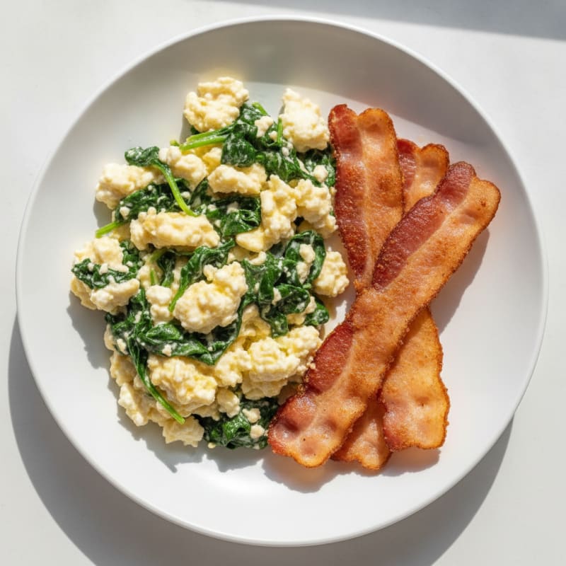 Cottage Cheese Egg Scramble with Sautéed Spinach and Turkey Bacon