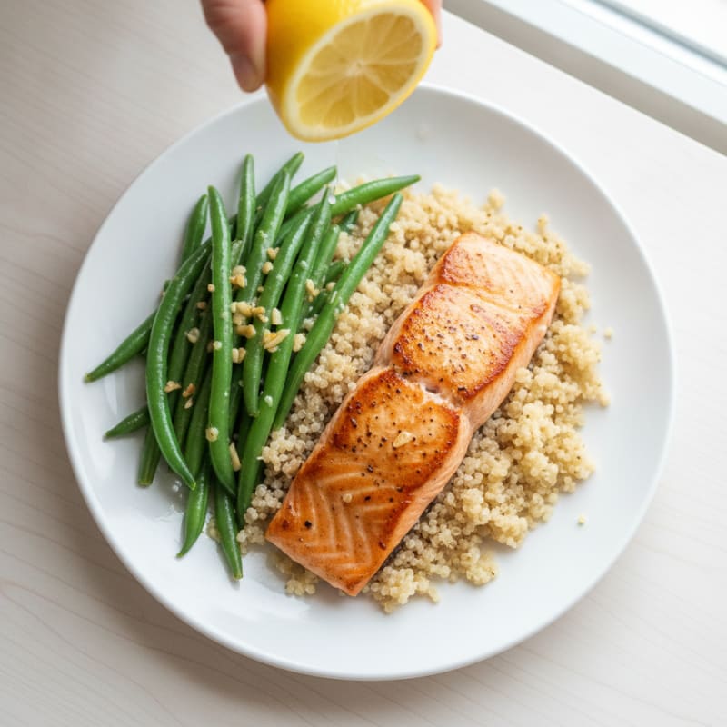 Seared Salmon with Garlic Green Beans and Quinoa