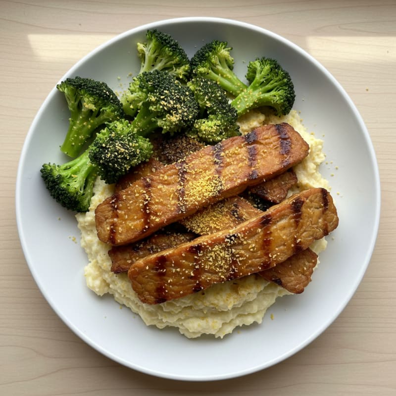 Grilled Tempeh with Steamed Broccoli and Cauliflower Mash
