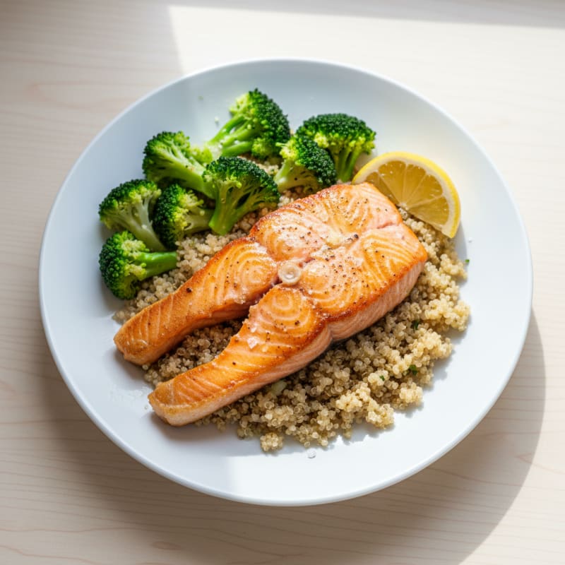 Seared Salmon Fillet with Steamed Broccoli and Quinoa