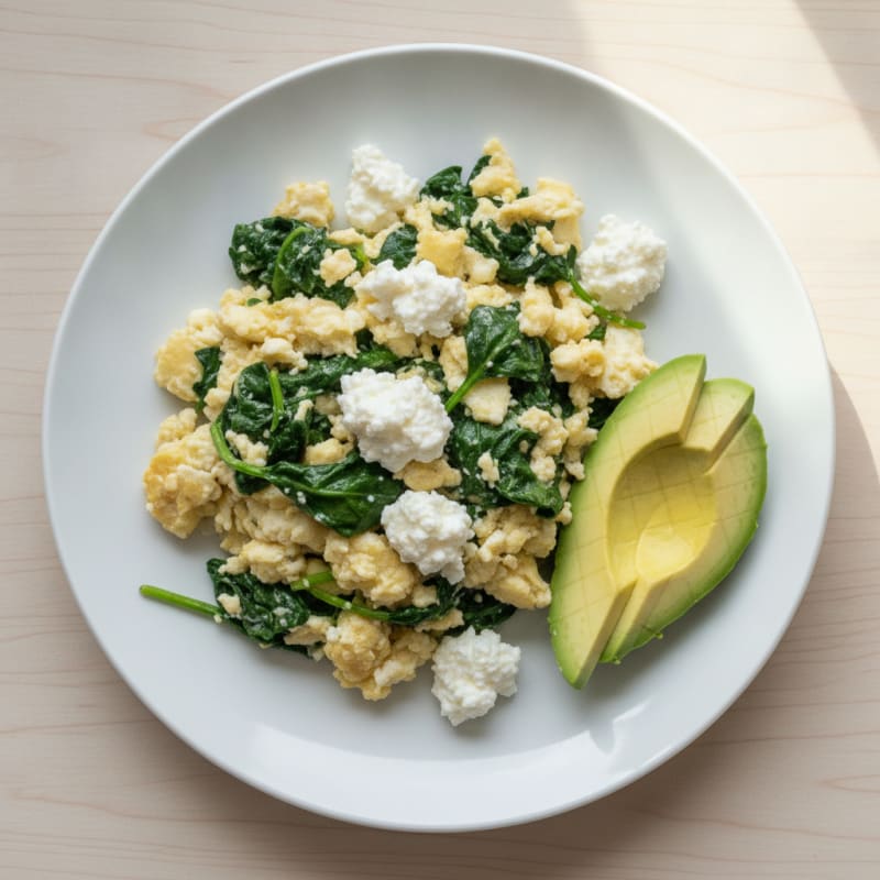 Egg White and Spinach Scramble with Cottage Cheese and Sliced Avocado