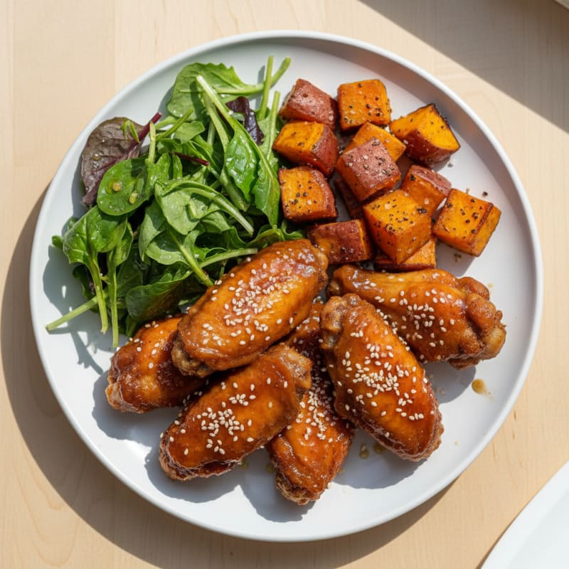 Teriyaki Chicken Wings with Roasted Sweet Potatoes