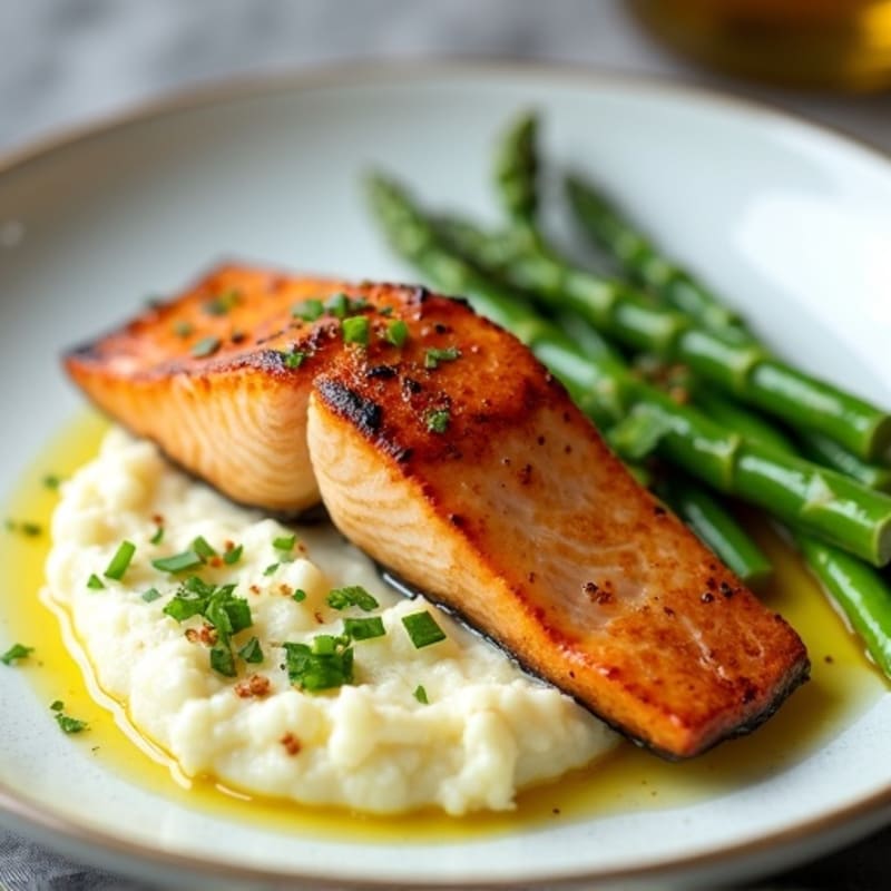 Seared Salmon with Steamed Asparagus and Cauliflower Mash