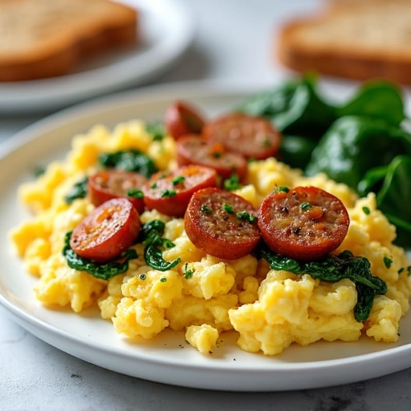 Egg White Scramble with Turkey Sausage and Sautéed Spinach