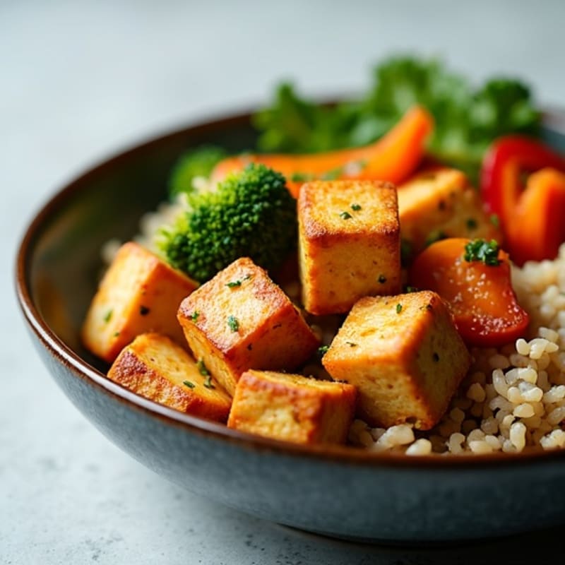 Crispy Peanut Tofu with Roasted Vegetables and Brown Rice