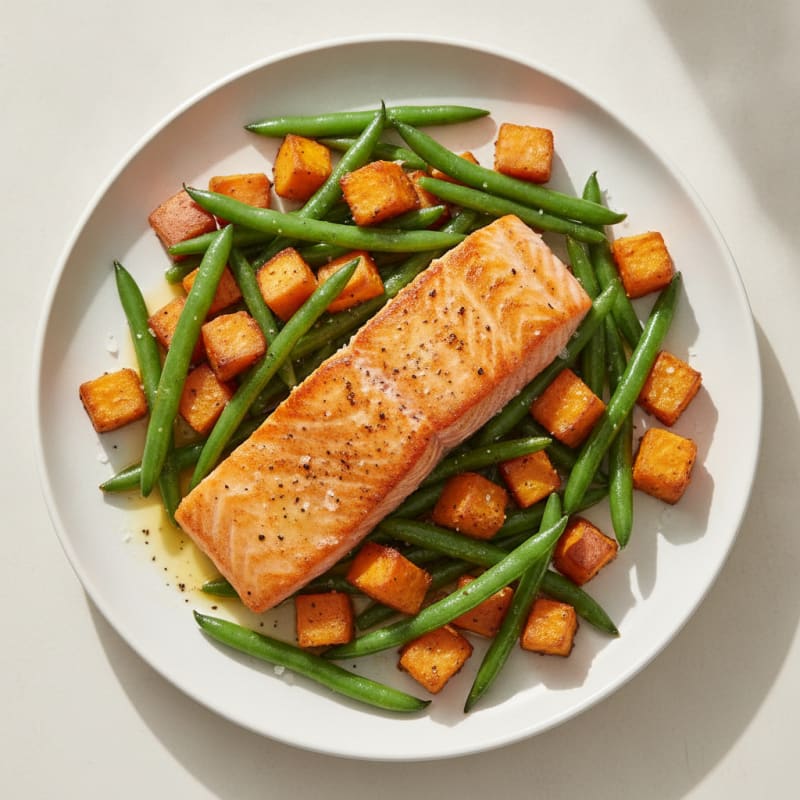 Seared Salmon with Roasted Sweet Potato and Green Beans