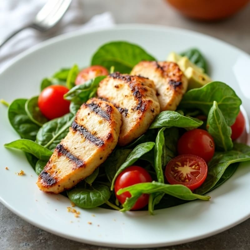 Grilled Chicken Spinach Salad with Cherry Tomatoes and Balsamic Vinaigrette